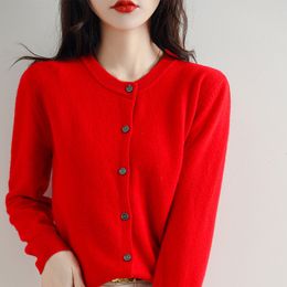 Women's Knits Tees Snaoutofit Women's Sweater Round Neck Wool Cardigan Knitted Base Solid Colour Korean Version Loose Jacket Special Price 230223