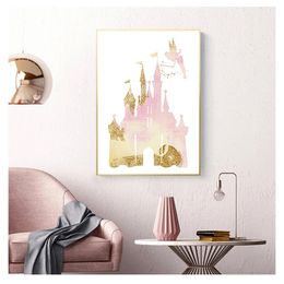 Pink Watercolour Art Canvas Painting Picture Nordic Poster Daughter Gift Nursery Wall Decor Princess Castle Fairy Tale Print Woo