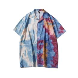 Men's Casual Shirts 2023 Summer New Men Hawaiian Beach Short Sleeve Shirt Men's Vintage Style Tie Dye Shirts Oversized Colour Matching Casual Tops Z0224