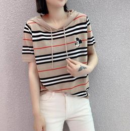 Big Brand Sense Khaki Stripe Polo Sweaters hooded Shirt Womens New Spring and Summer Knitted Thin Versatile T-shirt Sweater Ins