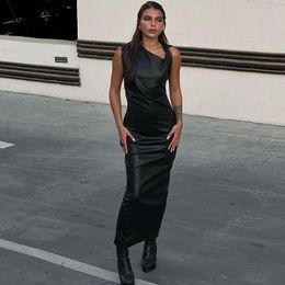 Casual Dresses 2023 Pu Leather Sleeveless Black Draped Zip Up Slit Elegant Sexy Slim Maxi Prom Dress Winter Women Y2K Streetwear Party