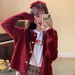 Women's Knits Tees Kawaii Woman Sweaters Knitted Cardigan Winter Korean Fashion Cute Heart Buttons Long Sleeve Burgundy Red White Sweater Tops 230223