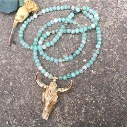 Pendant Necklaces DM Cow Bull Head Long Necklace Women Natural Stone Beads Animal Skull Ladies Boho Fashion Jewellery Collier Femme 2023