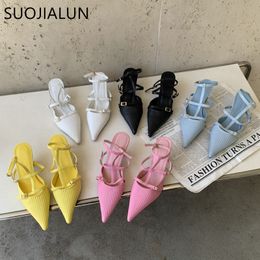 Sandals SUOJIALUN 2023 Spring Woomen Pointed Toe Sandal Shoes Fashion Ankle Strap Ladies Elegant Slingback Thin Low Heel Dress Pumps 230224