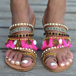Sandals Bohemian Beach Ladies Ethnic Style Flat Sole Handmade Weave Plus Size 35-43 Fashion Breathable Lightweight Y2302