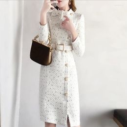 Casual Dresses 2023 Fall And Winter Women Long Sleeve Tweed Dress French Victorian Waist Slimming Woollen Solid Colour Female Chic Vestidos