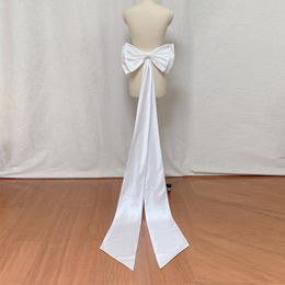 Waist Chain Belts Ivory Satin Big Bow Two Long Trailing White Knots Wedding Dress for Woman Formal Accessories Cocktail Party 230224