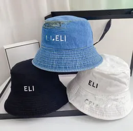 American Bucket Hat Embroidered Letter Denim Fabric All-Season Sunshield Sun-Proof Bucket Hats
