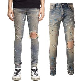 Plus Size 38 Denim Jeans Men's Painted Destory Hole Slim Fit