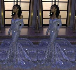 Black Girl Silver Sequins Off-the-shoulder Mermaid Prom Dresses Long Sleeves Sweep Train Reflective Evening Gowns BC3306