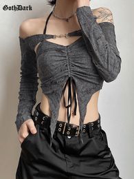 Women's Two Piece Pants Goth Dark Vintage Mall Gothic Drawstring Women Tshirts 2 Set Y2k Retro Fairy Grunge Camisole Long Sleeve Buckle Crop Tops 230224