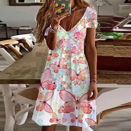 Casual Kleider Plus Größe Kleid Für Frauen V-ausschnitt Floral Schmetterling Gedruckt Kurzarm Strand Sommerkleid Damen Kleidung Sommer 2023