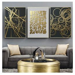 Golden and Black Wall Art Painting Posters and Prints Wall Pictures for Living room Home Decor Abstract Geometric Canvas Poster Woo