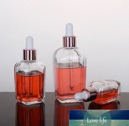 All-match Clear glass essential oil perfume bottles 10ml to 100ml square dropper bottle with rose gold cap