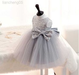 Girl's Dresses New Silver Sequins Sleeveless Princess Baby Girls Dresses Kids Wedding Dress Bow Tutu Baptism Party Gown vestido batizado W0224