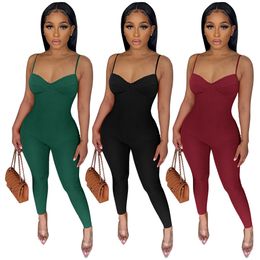 NEW Designer Ribbed Jumpsuits Summer Women Spaghetti Straps Rompers Sexy V Neck Bodycon Jumpsuits Casual Solid One Piece Overalls Bulk Wholesale Clothes 9332