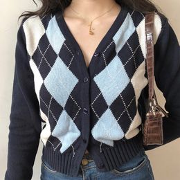 Women's Knits Tees Vintage V-Neck Plaid Long Sleeve Women Sweater Autumn Winter Short Knitted Cardigan Sweaters Womes England Style Tops 230223