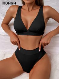 Women's Swimwear INGAGA Ribbed Bikinis Swimsuit Women 2023 High Waist Sexy Vneck Biquini Black Bathing Suits Cut Summer Beachwear 230224