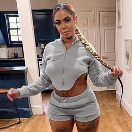 Women's Tracksuits Autumn Winter Solid Grey Short Tracksuit Women Casual Long Sleeve Zipper Hooded Irregular Crop Top Shorts Fleece Two