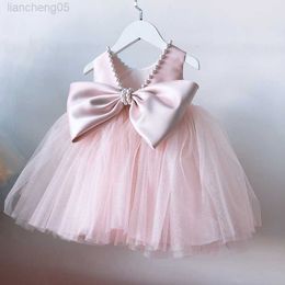 Girl's Dresses Light Pink Baby Girl Dress With Beads And Big Bow Child Princess Birthday Frocks Children V Backless Puffy Wedding Clothing W0224