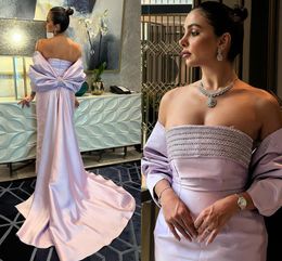 2023 Lilac Mermaid Dubai Luxury Evening Dresses with Bow Cape Beaded Arabic Engagement Prom Gowns Abendkleider Robe De Soiree