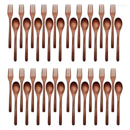 Dinnerware Sets 40 Pcs Wooden Spoons Forks Set Utensil Reusable Natural Wood Flatware For Cooking Stirring Eating