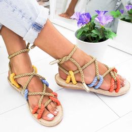 Sandals Women 2021 Lace Up Gladiator Fashion Hemp Rope Summer Shoes Woman Flat Non-slip Beach Chaussures Femme Y2302