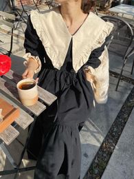 Casual Dresses Korean Chic Fashion Laceup Midi Dress Vintage Big Lapel Contrast Color Ruffle Trim Loose Hem Long Sleeve Spring 230224
