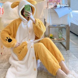 Women's Sleepwear Cartoon Robe Set Warm Kimono Bathrobe 2PCS Homewear Nightwear For Girls Coral Fleece Hooded Nightgown Oversized Home Cloth