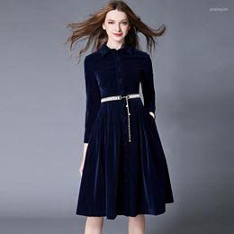 Casual Dresses OL Style Blue Velvet Dress Winter Women 2023 Vestido Longo Woman Long Sleeve Office Ropa Mujer Robe Longue 1315