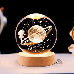 Decorative Objects Figurines Astronaut crystal ball in the starry sky 3D luminous interior carved small night light wooden tabletop decoration home decor 230224
