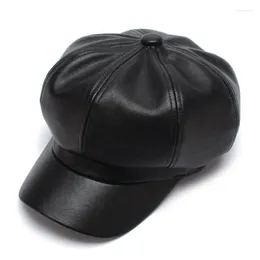 Berets Vintage PU Leather Painter Hats For Womens Autumn Winter Male Female Casual Caps Solid Colour Octagonal Cap Black Red Hat