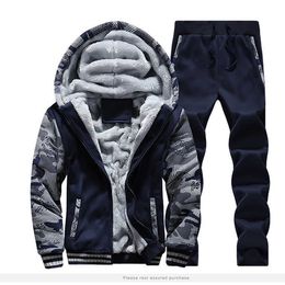 Men's Tracksuits Men's Tracksuit Winter Casual Inner Fleece Thick 2 Pieces Hooded JacketPant Windproof Warm Outwear Men Clothing Z0224