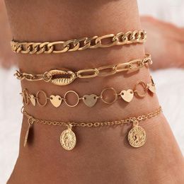 Anklets 4 Pcs/Set Gold Color Simple Circle Metal Heart Anklet Bracelet Foot Chain For Women Ankle Feet Jewelry Beach Party Gift