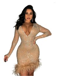 Casual Dresses Sexy Rhinestone Feather Short Prom Dress Women Deep V-Neck See Through Nightclub Outfits Party Evening Bodycon Mini