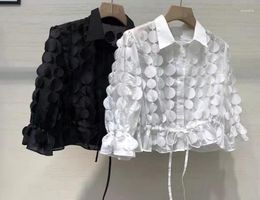 Women's Blouses Est Fashion White Black Shirts 2023 High Quality Ladies Turn-down Collar Appliques Flowers Drawstring Waist Sexy Crop Tops