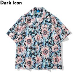 Men's Casual Shirts Dark Sun Flower Front Pocket Hawaiian Shirts Men Summer Thin Material Holiday Beach Men's Shirt Male Top Z0224