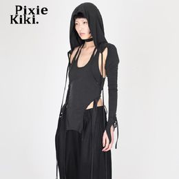 Women's T-Shirt PixieKiki Fairy Grunge Long Sleeve Hooded Crop Top Y2k Streetwear Strappy Asymmetrical Trendy Sexy T Shirts for Women P71-CH30 230224