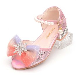 Sandals Kids Leather Shoes for Girls Knot Banquet Party Children High Heel Shoe for Kids Girls Sandals Student Crystal Princess Shoes Z0225