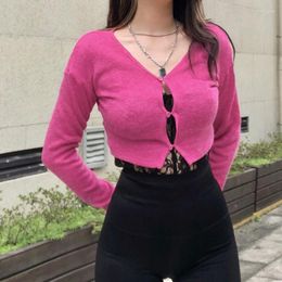 Women's T Shirts Women Knitted Crop Tops Cardigan Solid Ladies Female Autumn Long Sleeve V Neck Slim T-shirts Spring Fashion Streetwear