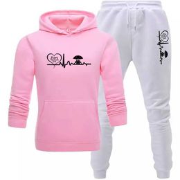 Men's Tracksuits Sportswear Ladies Winter 2piece Printed Fleece Hoodie Pants Sportswear Women's Sports Suit Hooded Sports Suit Women Jogging Z0224