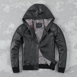 Men's Jackets YR.Plus brand genuine leather hoodies.wholesales men black cowhide jacket.Plus size quality leather coat 230225