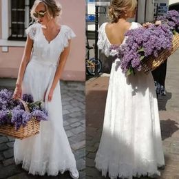 Abiti da sposa boho abito da sposa in pizzo v collo mancole una linea semplice fascia più dimensioni giardino su misura vestido de nobu 403 estido estido estido estido