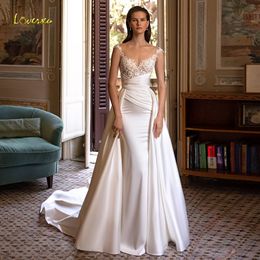 Party Dresses Loverxu Mermaid Wedding 2023 O-Neck Cap Sleeve Detachable Train Vestido Novia Beaded Appliques Satin Robe Mariee 230225