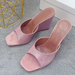 03 Women Ladies Genuine Leather Sandals Rhinestone Wedge High Heels Summer Flip-flops Slipper Slip-on Wedding Dress Peep-toe Gladiator Shoes Diamond Size