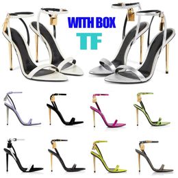 Luxury Tomxford Sandals metal padlock Narrow word band high-heeled sandal 10.5cm women's leather high-heeled shoes original transportation EU35-43