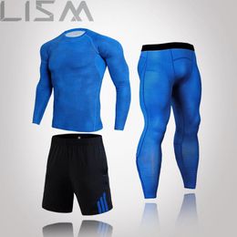 Men's Thermal Underwear 3 Pieces/Set Of Track Suit Gym Fitness Compression Sports MMA Snake Skin Bodybuilding T-Shirt