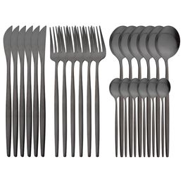 Dinnerware Sets Matte 24Pcs Black Dinnerware Cutlery Set Stainless Steel Flatware Set Kitchen Silverware Home Steak Knife Fork Spoon Tableware 230224