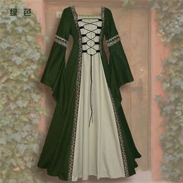 Ethnische Kleidung Europa und die Vereinigten Staaten, quadratischer Kragen, Hornärmel, langes Kleid, Gothic-Vintage-Stil, mittelalterliche Hofrobe für Damen, großes grünes Damenkleid