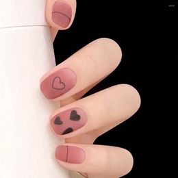 False Nails Matte Gradient Pink Fake With Black Heart Designs Press On French Tips Cute Sweet Style Full Cover Nail Art